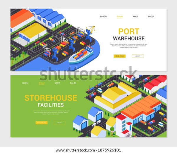 Storehouse facilities - set of modern colorful\
isometric web banners with copy space for text. Urban landscapes\
with shipping terminals, cargo, boat, warehouses. Logistics and\
transportation\
concept