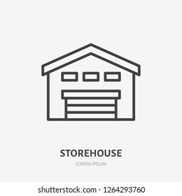 Storehouse flat line icon. Vector thin sign of garage, building exterior, rent logo. Real estate illustration.