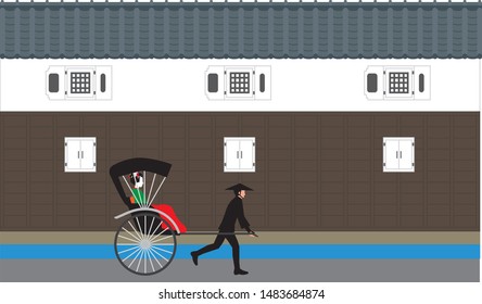 Storehouse and rickshaw. Vector material.