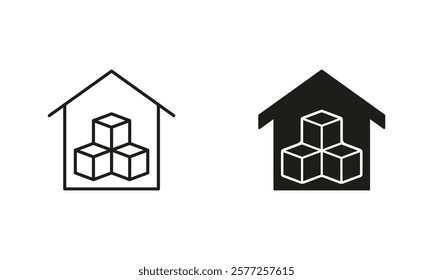 Storehouse for Shipping Service Symbol. Warehouse Line and Silhouette Icon Set. Commercial Cargo Box in Store House Sign. Editable Stroke. Isolated Vector Illustration.