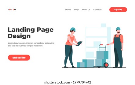 Storehouse workers keeping records of boxes. Warehouse employees in helmets with packages flat vector illustration. Logistics, shipment concept for banner, website design or landing web page