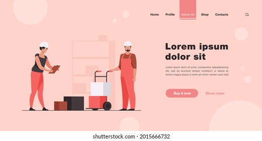 Trabajadores de almacén guardan registros de cajas. Empleados de almacén en cascos con paquetes de ilustración vectorial plana. Logística, concepto de envío para banner, diseño de sitio web o página web de aterrizaje