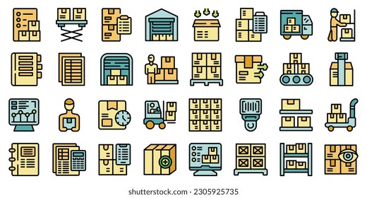 Storekeeper icons set outline vector. Worker wood. House inventory thin line color flat on white