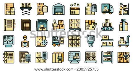 Storekeeper icons set outline vector. Worker wood. House inventory thin line color flat on white
