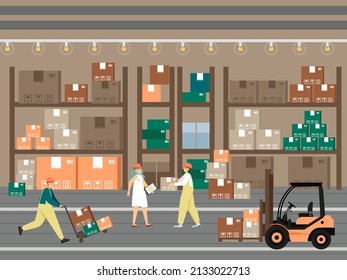 Storekeeper, loader, forklift operator work in warehouse. Receiving, shipping and storage of goods, vector illustration.