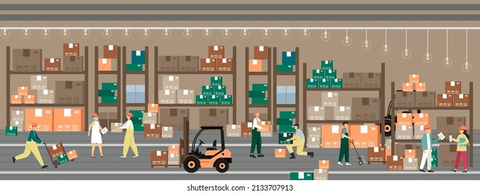 Storekeeper, loaders, forklift operator work in merchandise warehouse. Storage, distribution, shipping of goods, vector.