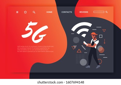 storekeeper in uniform using smartphone 5G online communication fifth innovative generation of internet connection concept full length horizontal copy space vector illustration