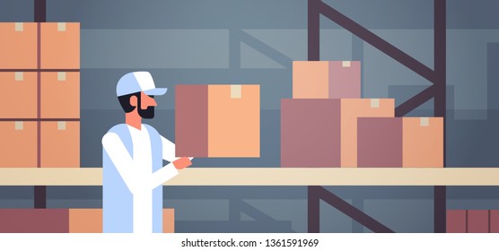 storekeeper warehouse worker puts cardboard box on shelf man courier collects parcels storehouse interior male cartoon character portrait flat horizontal