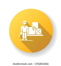 Storekeeper yellow flat design long shadow glyph icon. Warehouse worker, person responsible for storing goods. Merchandise storage and storehouse manager. Silhouette RGB color illustration