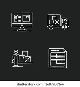 Storekeeping And Inventory Tracking System Chalk White Icons Set On Black Background. Goods Delivery And Receipt, Merchandise Quantity Control Database. Isolated Vector Chalkboard Illustrations