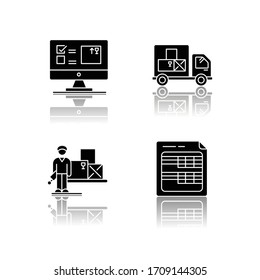 Storekeeping And Inventory Tracking System Drop Shadow Black Glyph Icons Set.. Goods Delivery And Receipt, Merchandise Quantity Control Database. Isolated Vector Illustrations On White Space