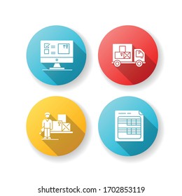 Storekeeping and inventory tracking system flat design long shadow glyph icons set. Goods delivery and receipt, merchandise quantity control database. Silhouette RGB color illustration