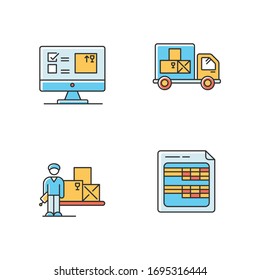 Storekeeping And Inventory Tracking System RGB Color Icons Set. Goods Delivery And Receipt, Merchandise Quantity Control Database. Accounting Software. Isolated Vector Illustrations