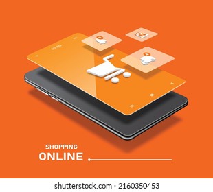 Store,order notification,shipping icons and shopping cart icons pop up on the smartphone screen,vector 3d isolated on orange background for 
online shopping advertising concept design