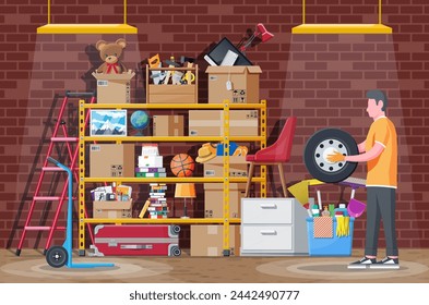 Storeroom or house cellar interior. Modern storage room. Metal shelves with household items. Rack full of cardboard boxes, stair, cleaning accessories and furniture. Flat vector illustration