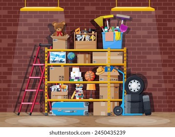 Storeroom or house cellar interior. Modern storage room. Metal shelves with household items. Rack full of cardboard boxes, stair, cleaning accessories and furniture. Flat vector illustration