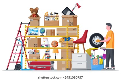 Storeroom or house cellar interior. Modern storage room. Metal shelves with household items. Rack full of cardboard boxes, stair, cleaning accessories and furniture. Flat vector illustration