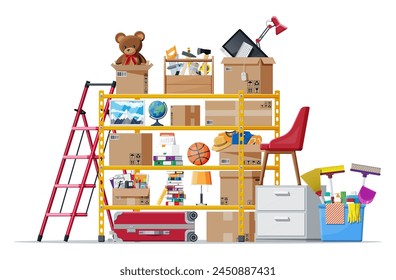 Storeroom or house cellar isolated on white. Modern storage room. Metal shelves with household items. Rack full of cardboard boxes, stair, cleaning accessories and furniture. Flat vector illustration