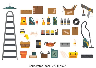 Storeroom icons or household equipments. Must have symbol collection. Vector illustration in flat style