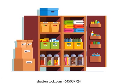 Storeroom interior design with big wooden cupboard full of boxes, glass bottles & household goods. Pantry cellar room decoration furniture. Flat style vector illustration isolated on white background.