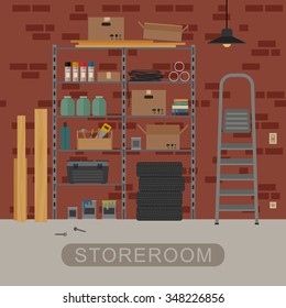 Storeroom interior with metal storage. Vector banner of garage or storeroom in flat style.