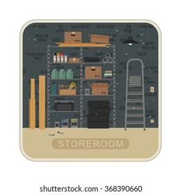 Storeroom interior with metal storage. Vector grunge illustration of garage or storeroom.