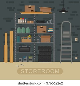 Storeroom interior with metal storage. Vector illustration of garage or storeroom.