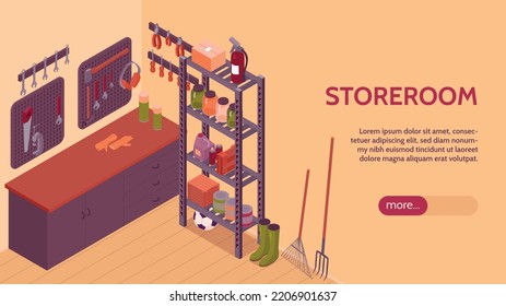 Storeroom isometric horizontal banner illustrated items of home warehouse for work sport and eating vector illustration