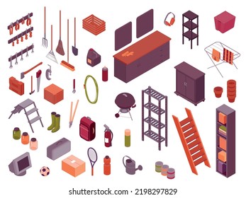 Storeroom isometric set old stuff furniture household utensils tools gardening items preserves fire extinguisher isolated vector illustration