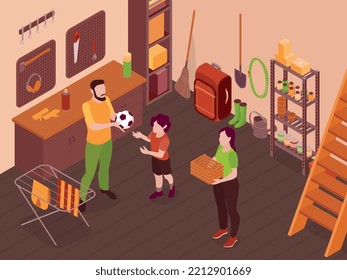 Storeroom isometric vector illustration with mother father and their little son doing daily chores in basement of family cottage