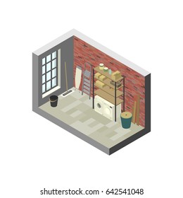 Storeroom In Isometric View. Vector Illustration Of Utility Room With Shelving.