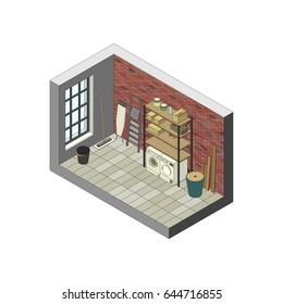 Storeroom In Isometric View. Vector Illustration Of Utility Room.