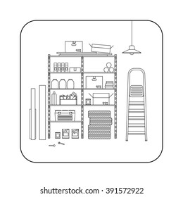 Storeroom line interior with metal storage. Vector thin illustration of garage or storeroom.