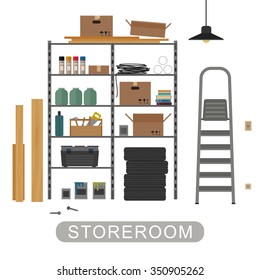 Storeroom With Metal Storage. Vector Banner Of Garage Or Storeroom In Flat Style.