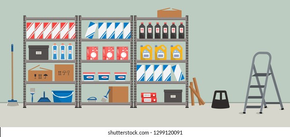 Storeroom. Shelving with household goods. Warehouse racks. There are cardboard boxes, bucket, brushes, bottles, step ladder and other things in the picture. Vector illustration