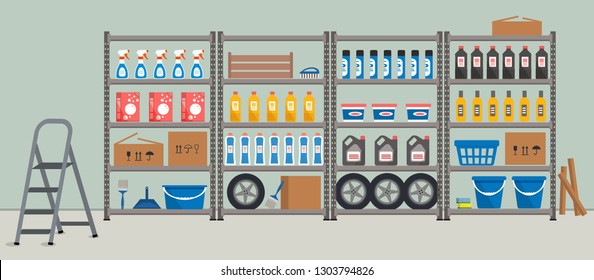 Storeroom. Shelving with household goods. Warehouse racks. There are cardboard boxes, buckets, brushes, bottles, step ladder and other things in the picture. Vector illustration