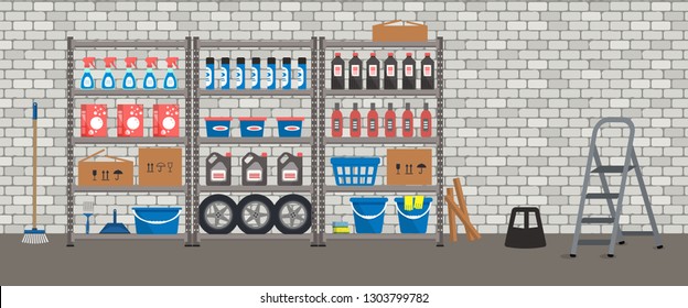 Storeroom. Shelving with household goods. Warehouse racks on a brick wall bacground. There are cardboard boxes, buckets, brushes, bottles, tires and a step ladder in the picture. Vector illustration