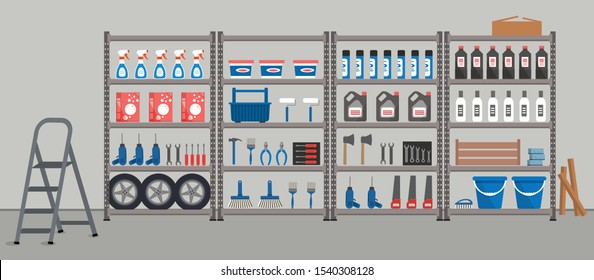 Storeroom. Shelving with household goods. Warehouse racks. There are tools, boxes, buckets, brushes, bottles, step ladder and other things in the picture. Vector illustration