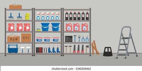 Storeroom. Shelving with household goods. Warehouse racks. There are tools, boxes, buckets, brushes, bottles, step ladder and other things in the picture. Vector illustration.