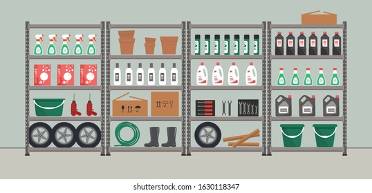 Storeroom. Shelving with household goods. Warehouse racks. There are tools, boxes, buckets, bottles and other things in the picture. Vector illustration.