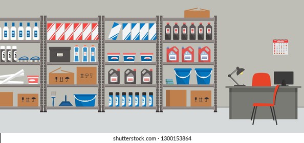 Storeroom. Workplace of the storekeeper. Shelving with household goods. Warehouse racks. There are also a desk, a lamp, a computer, a calendar, chairs and other things in the picture. Vector 