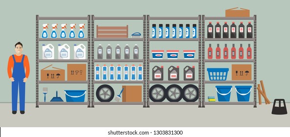 Storeroom. Workplace of the storekeeper. Shelving with household goods. Warehouse racks. Storekeeper is standing near the shelves. There are cardboard boxes, buckets, bottles, tires in the picture