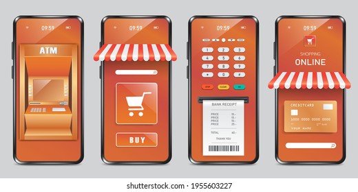 Tiendas, cajeros automáticos y lectores de tarjetas de crédito con recibos para compras en línea con aplicaciones para smartphones, compras de diseño de conceptos en línea