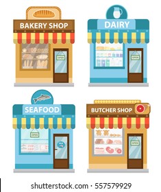 Stores building set, flat style. Shop collection isolated on white background. Fish products, meat, dairy, bakery. Vector illustration, clip art