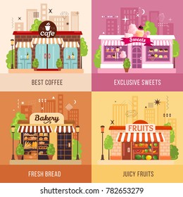 Stores facades 2x2 design concept set of exclusive sweets fresh bread juicy fruits and best coffee square icons vector illustration