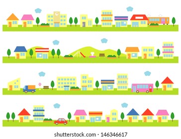 stores and houses on a street, white background