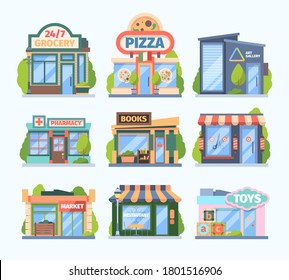 Stores and market set. Facade colored shops pharmacies retail outlets book galleries toy store food medicine sales city boutiques with showcases awnings modern small buildings. Cartoon vector.