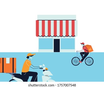 stores with messengers delivery in vehicles vector illustration desing