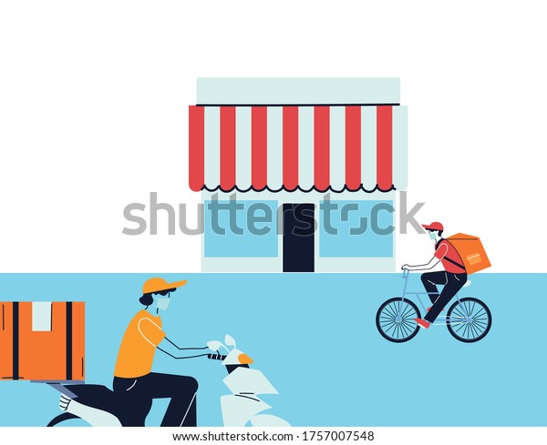 stores with messengers delivery in vehicles vector\
illustration desing