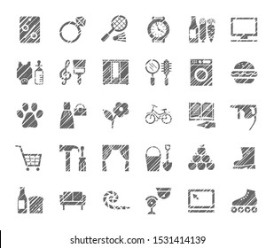 Stores, one-color flat icons, shading, vector. Different categories of goods. Imitation of pencil hatching. 